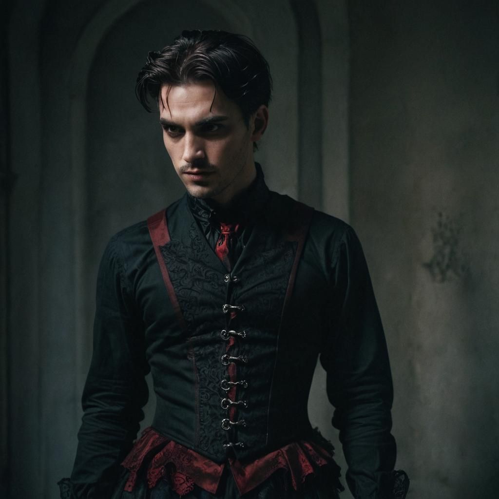 Gothic Man in Red and Black Corset: Hyper-realistic Portrait