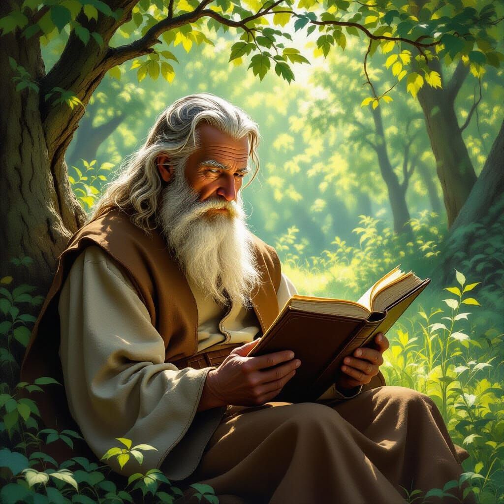 Wise Old Man Reading in Sunlit Forest Clearing