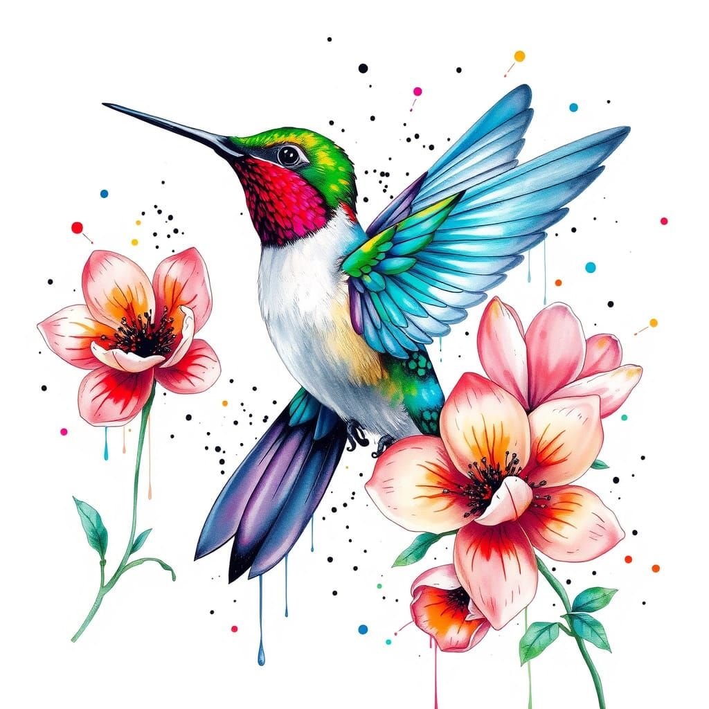 Hummingbird Splatter Art in Vibrant Watercolor Style
