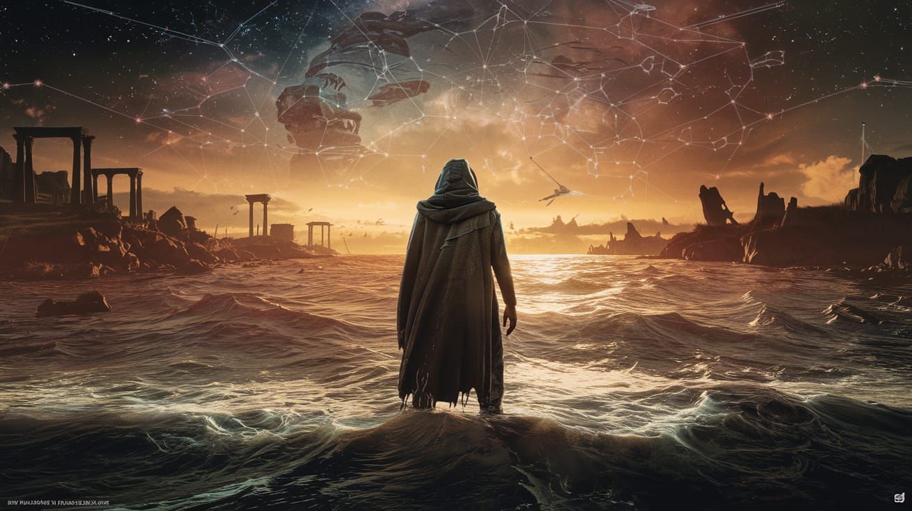 Cosmic Dread: Figure by Phosphorescent Sea Under Alien Stars