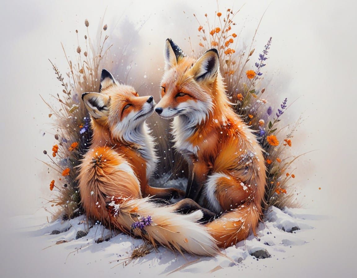 Two Foxes Napping in Snowy Wildflowers