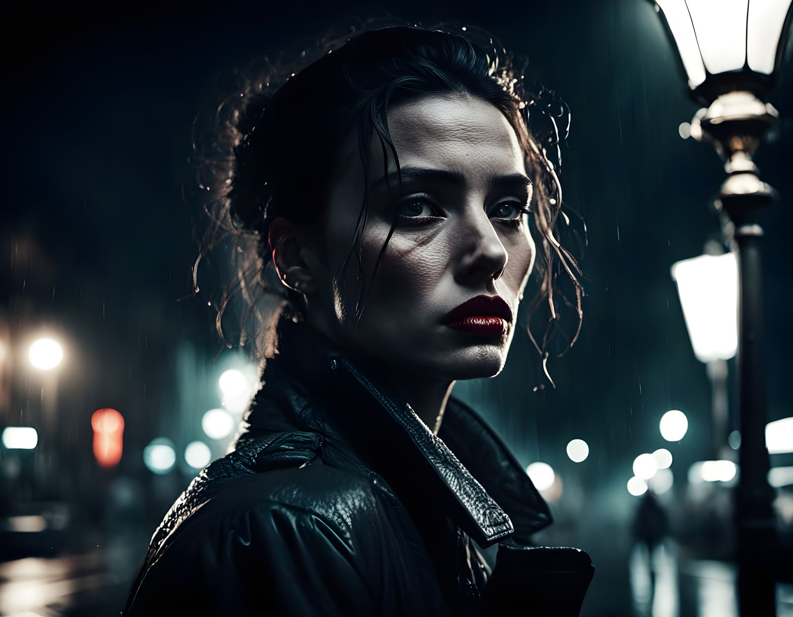 Sultry Femme Fatale in a Neon-Lit Alley