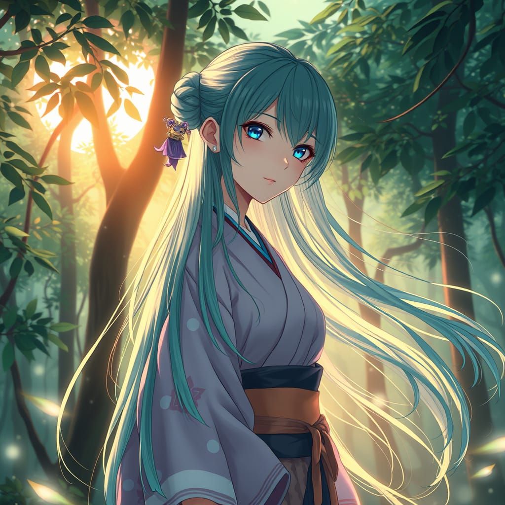 Anime Woman in Bioluminescent Forest, Futuristic Style