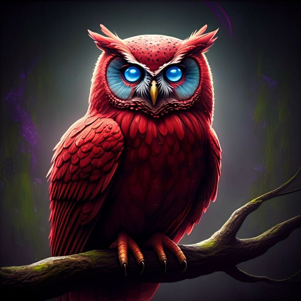 Mystical Red Owl with Blue Eyes, Fantasy Art