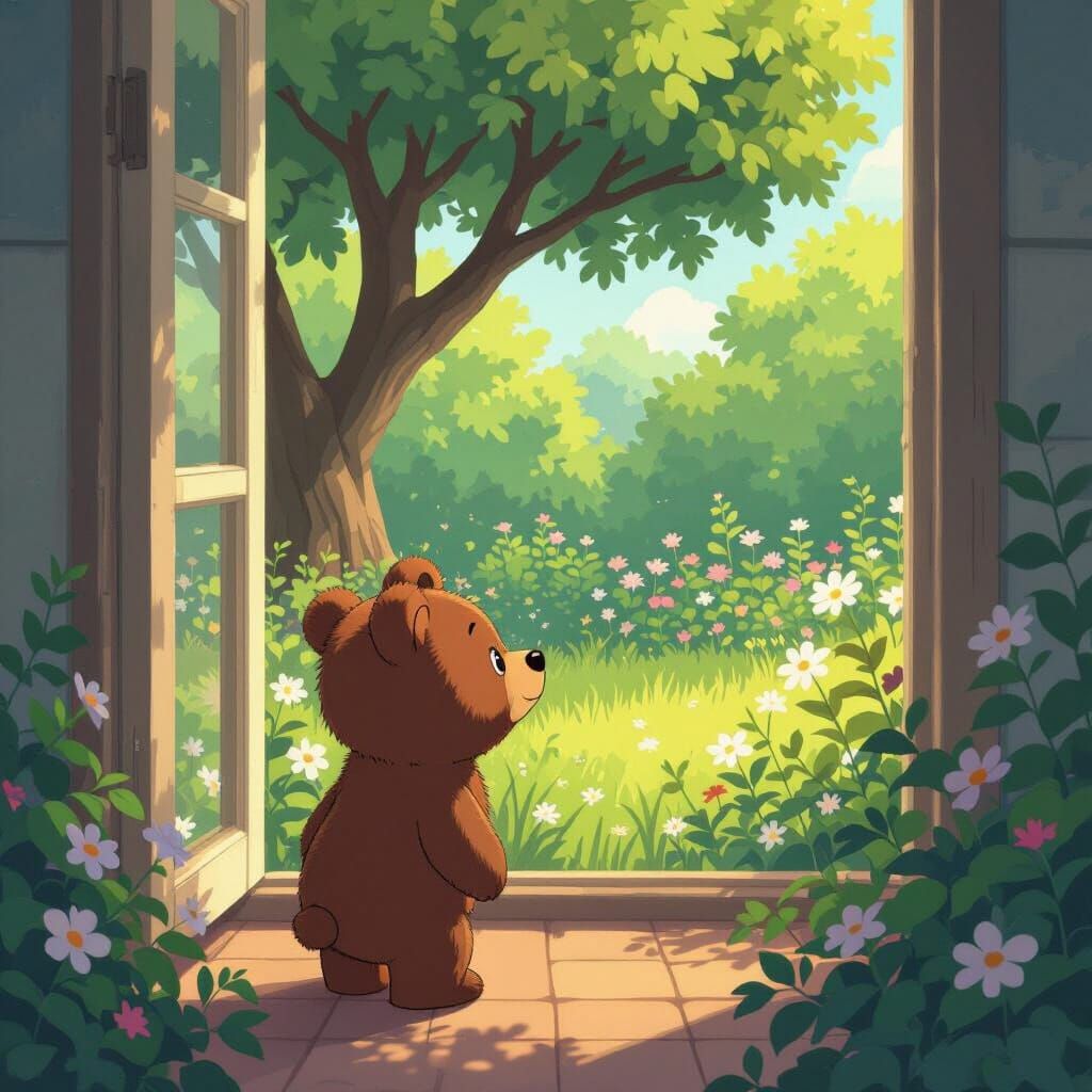 Cute Bear Searches Near Window in Anime Style