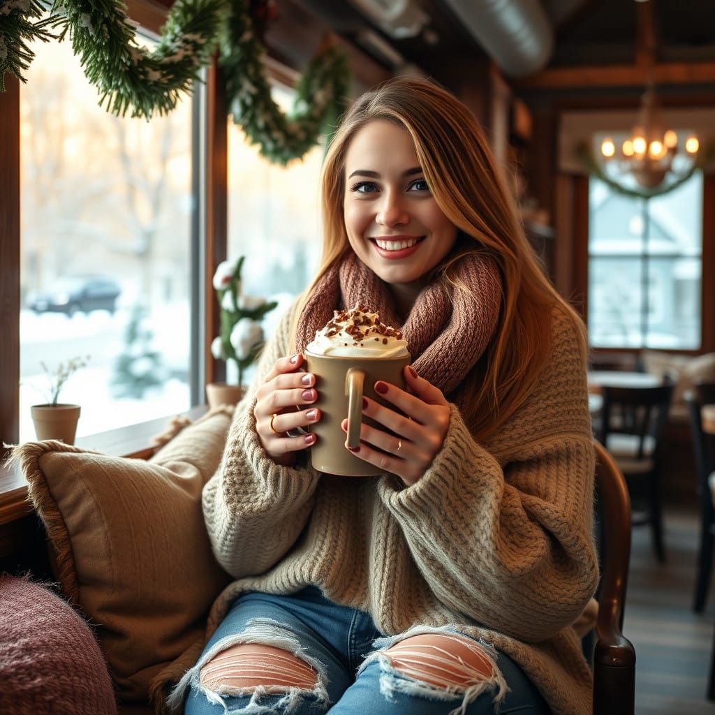 Cozy Winter Cafe Scene with Hot Chocolate