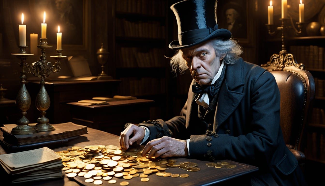 Ebenezer Scrooge Counting Wealth in Victorian Atmosphere