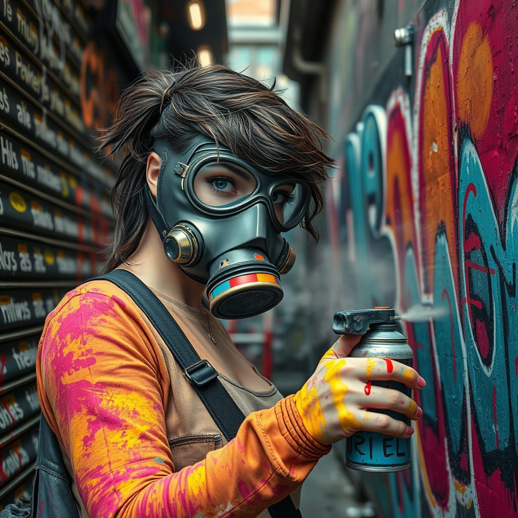 Woman with Gas Mask Spray Painting Graffiti