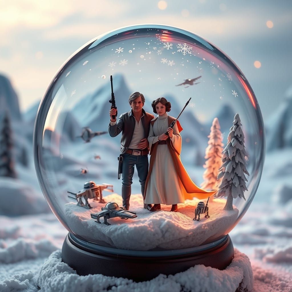 Han Solo and Princess Leia in Whimsical Snow Globe Scene