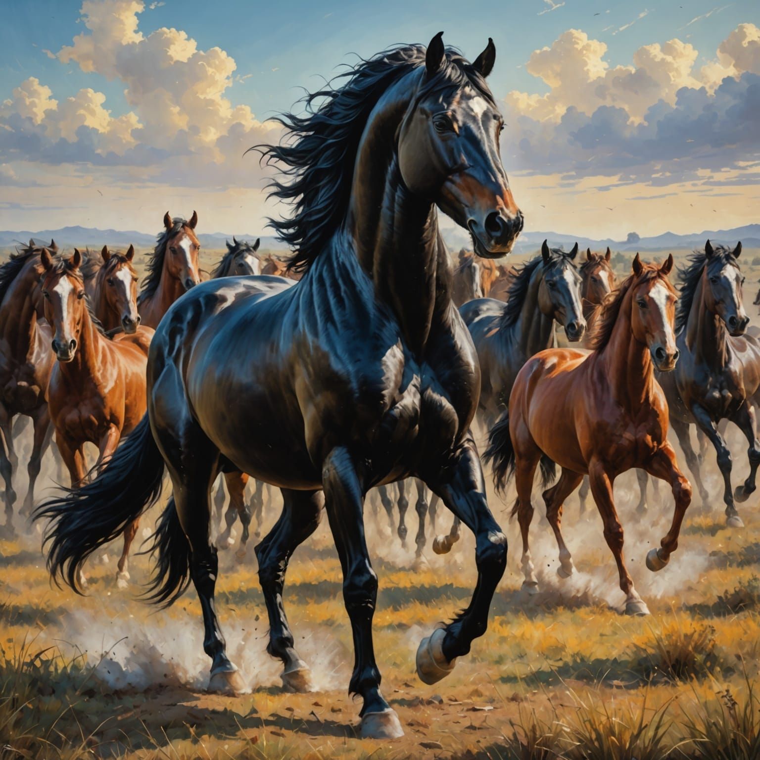 Black Stallion Rearing in Field: Hyperrealistic Splash Art