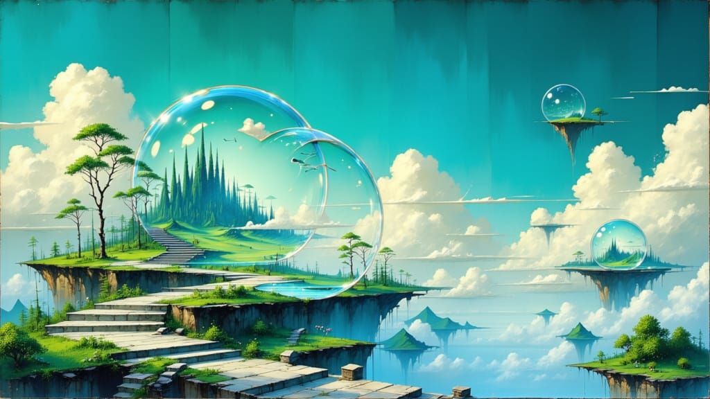 Surreal Floating Landscape with Crystal Bubbles