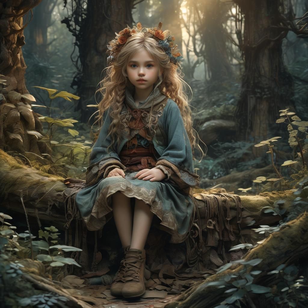 Fantasy Girl in Forest, Anime Style Illustration