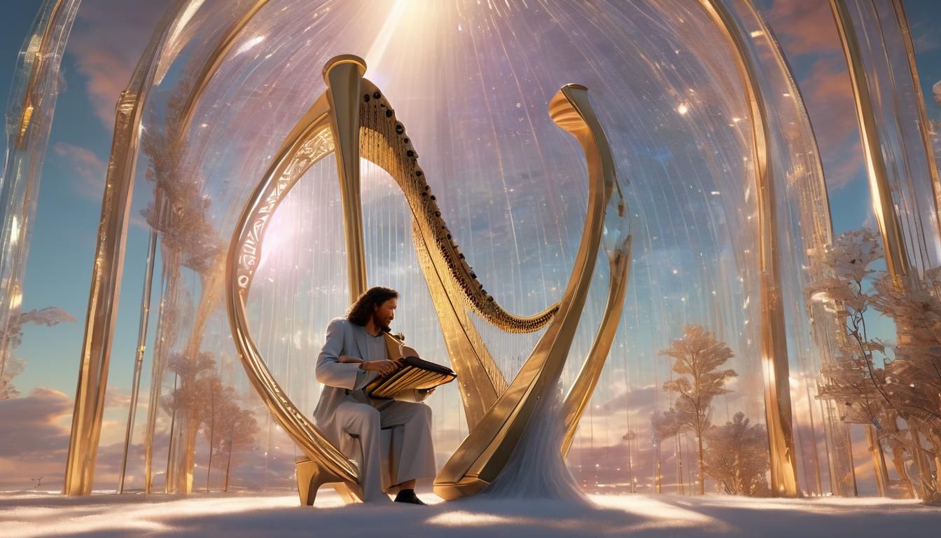 Futuristic Musician Plays Harp in Crystal Dome
