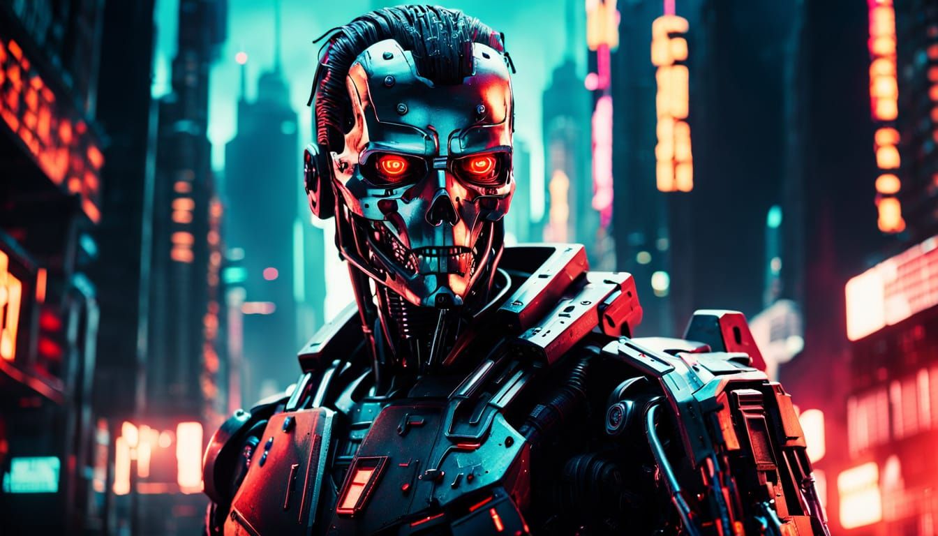 Cyberpunk Terminator Close-Up in Neon Noir Style