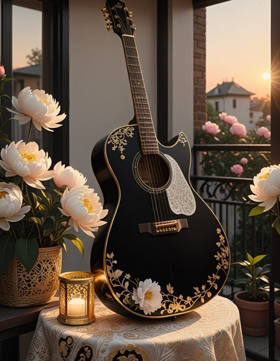 Guitar, Lantern, and Flowers at Golden Hour