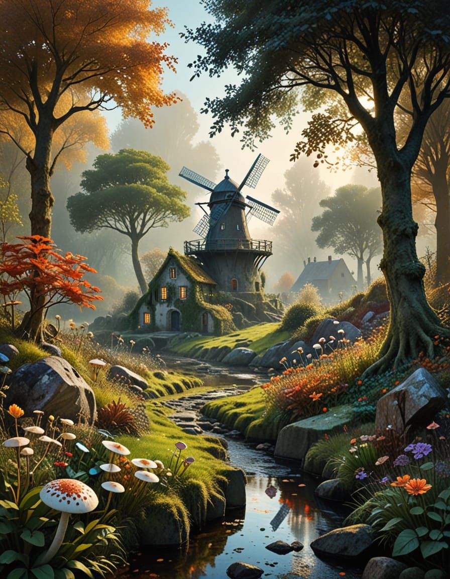 Autumn Dreamscape with Windmill and Whimsical Elements