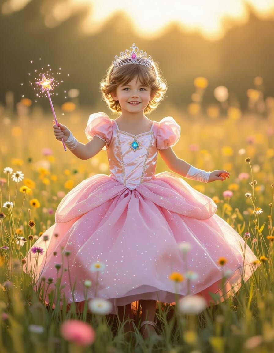 Joyful Boy as Princess in Whimsical Digital Art Meadow