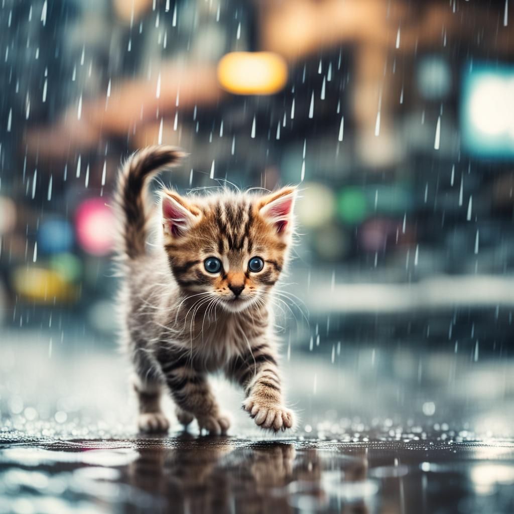 Motion Blur: Kitten in Rainy City