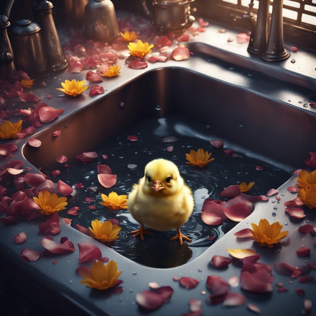 Cute Chick in Sink with Flower Petals