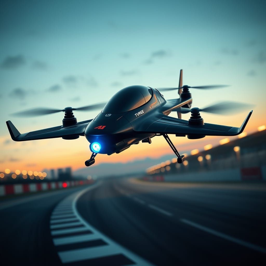 Futuristic Aerial Racing Craft Hovering at Dusk