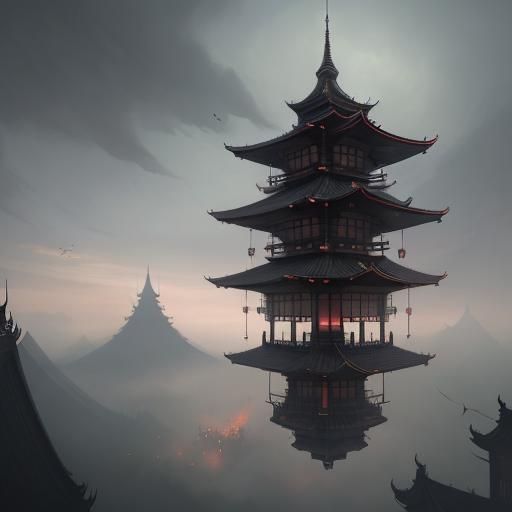 Flying Pagoda in Sinister Fantasy Landscape