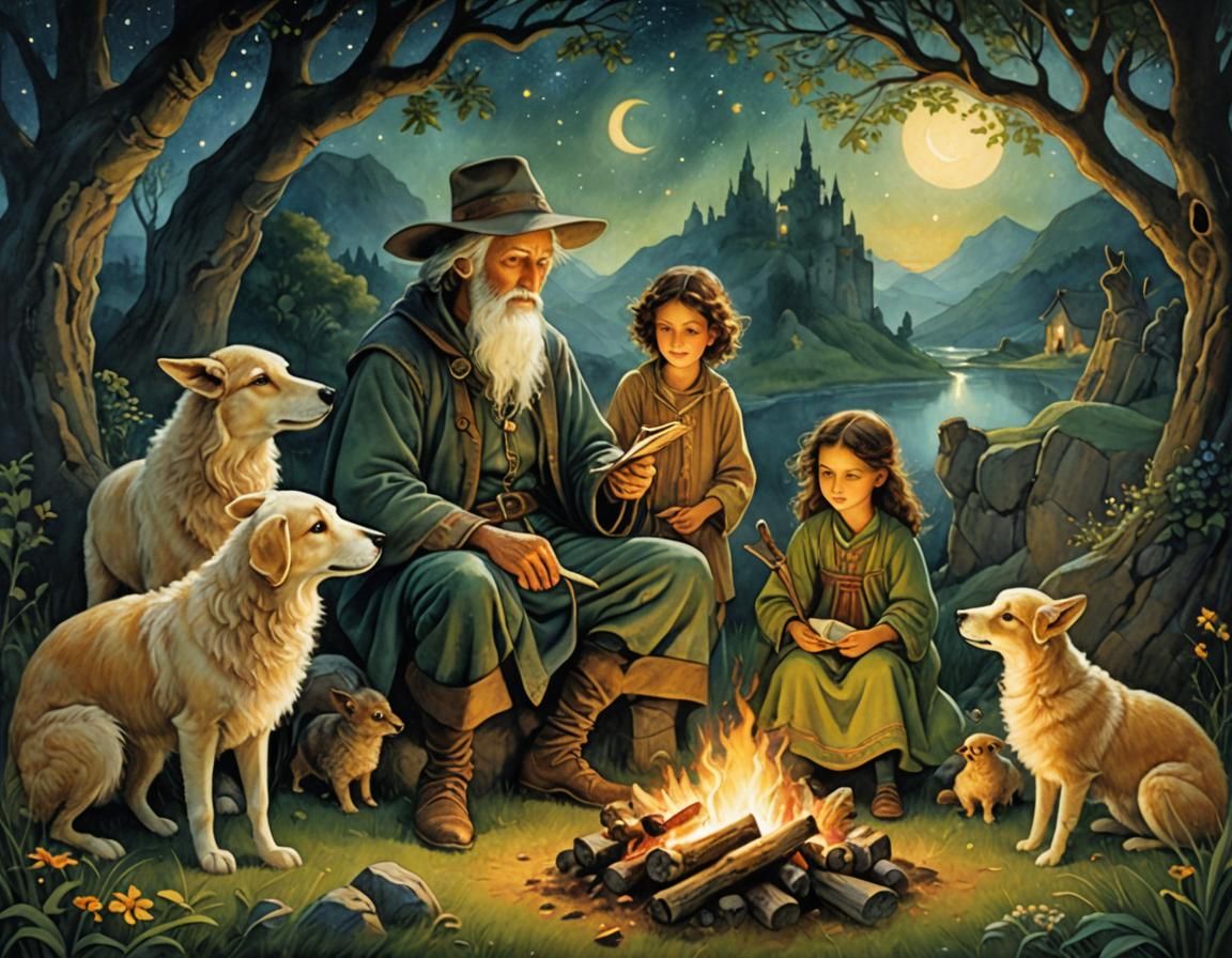 Ancient Shepherd Shares Whimsical Tales by Campfire