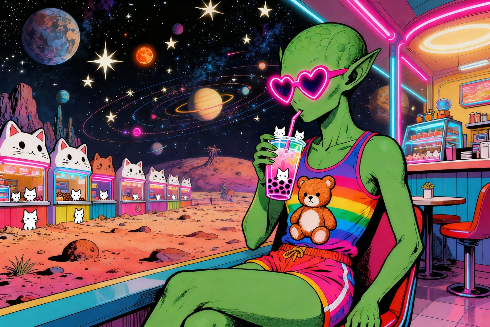 Green Alien Enjoys Neon Bubble Tea in Cosmic Cafe