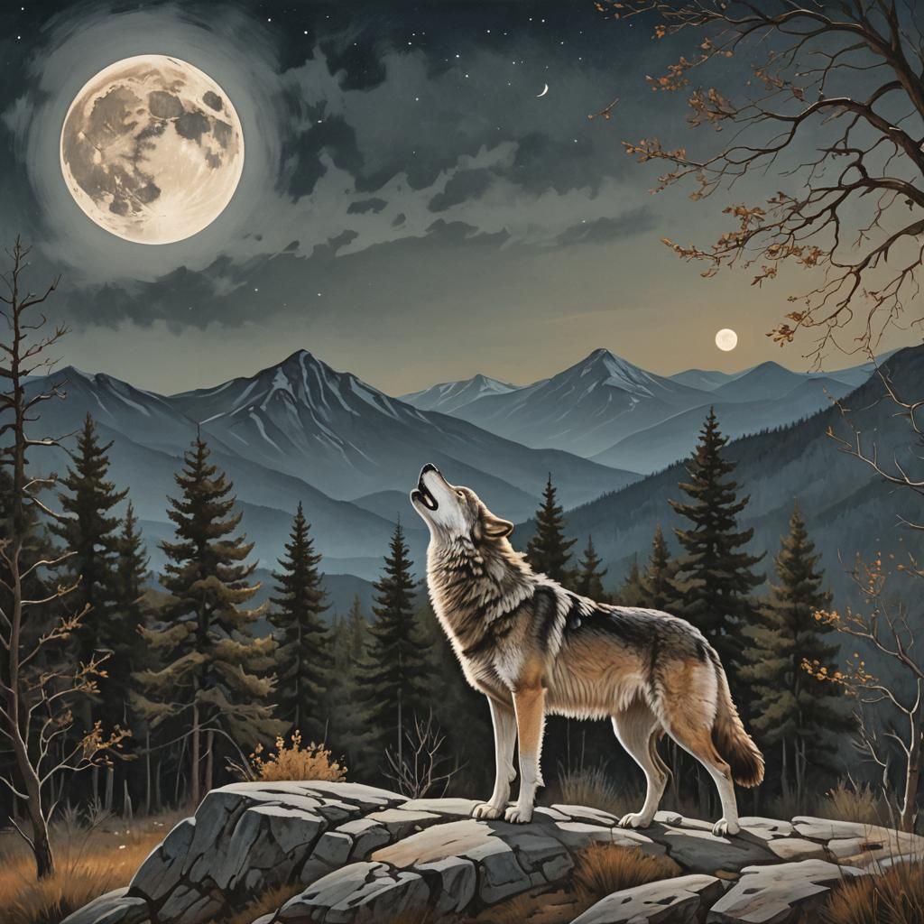 Wolf Howling at Full Moon Landscape