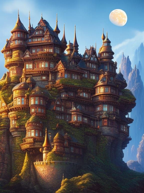 Detailed Castle on the Moon, Hyperrealistic Portrait