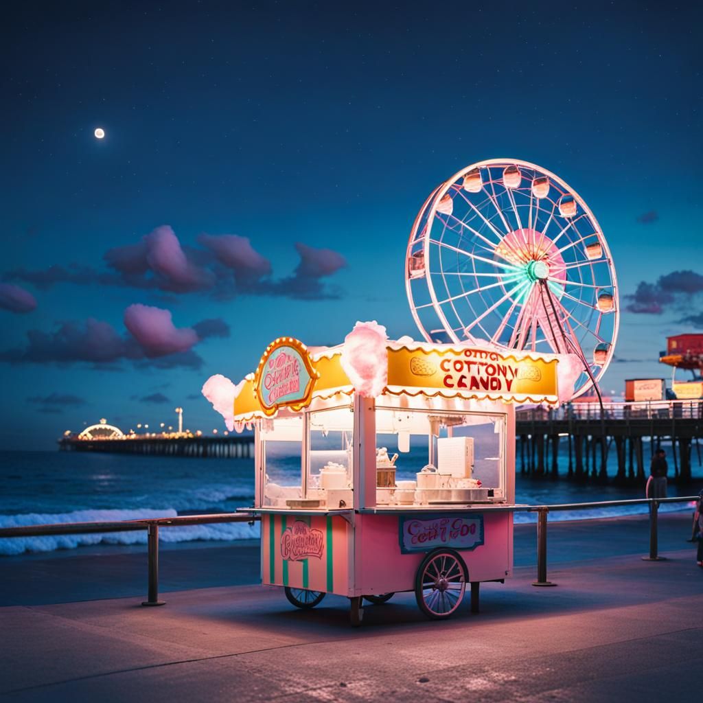 Carnival Cotton Candy Cart at Night: Cinematic Film Still