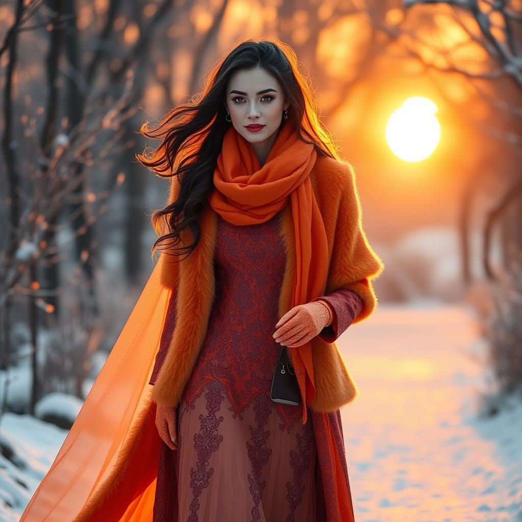 Stunning Lady in Vibrant Orange Winter Gown