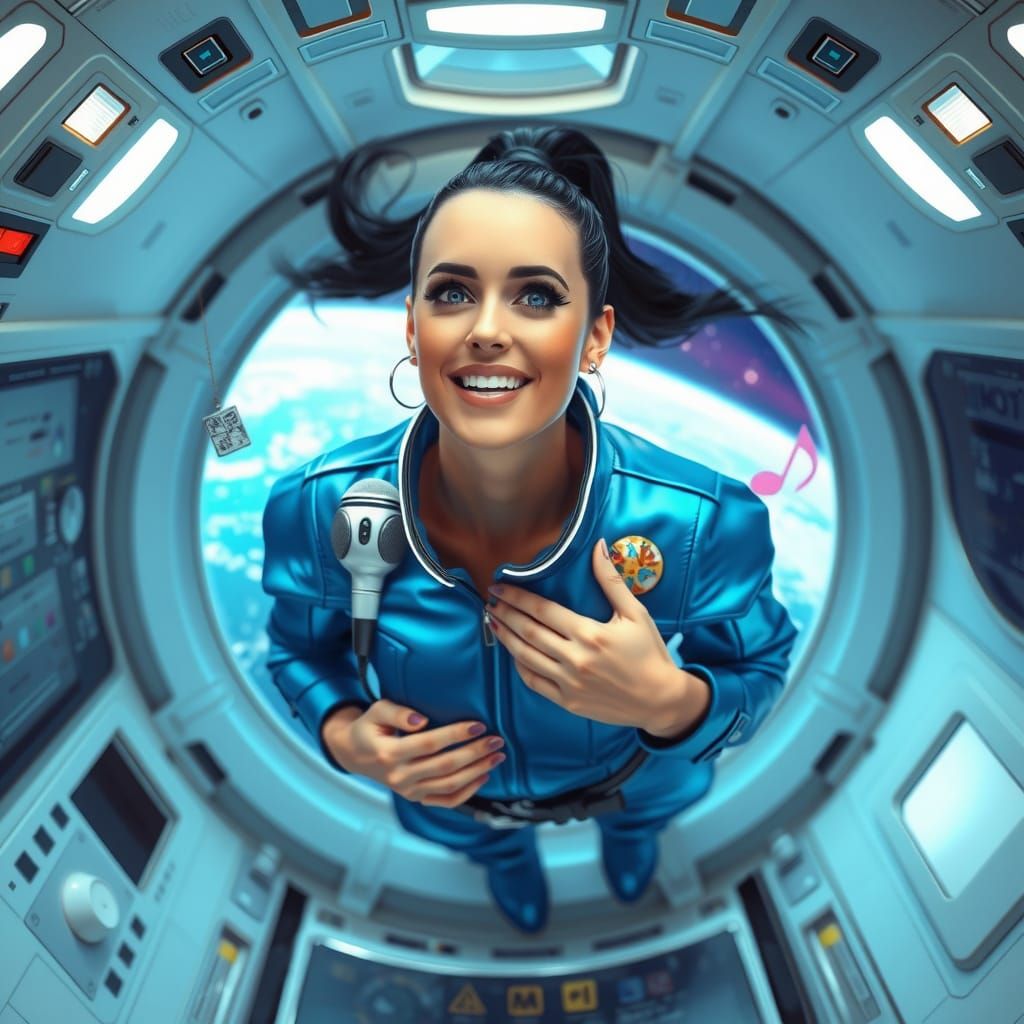Cosmic Pop Diva in Futuristic Space Capsule