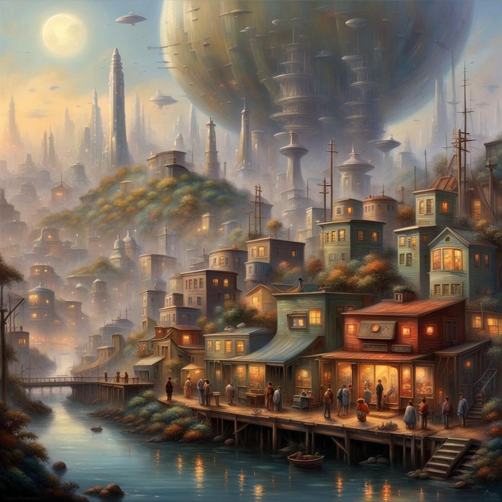 Retrofuturistic Spaceport Shantytown Amid Jungle Hills