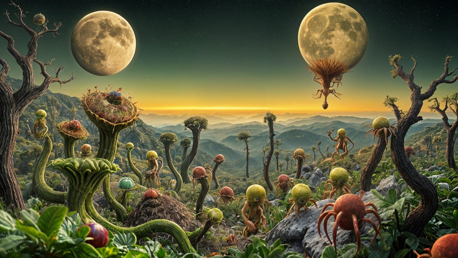 Alien World with Strange Beings and Glowing Moons