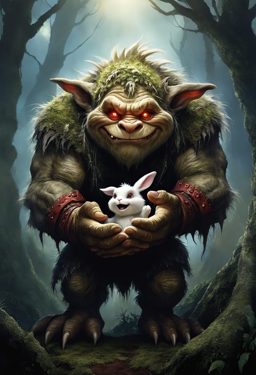 Kind Troll and Frightened Bunny in Fantasy Art