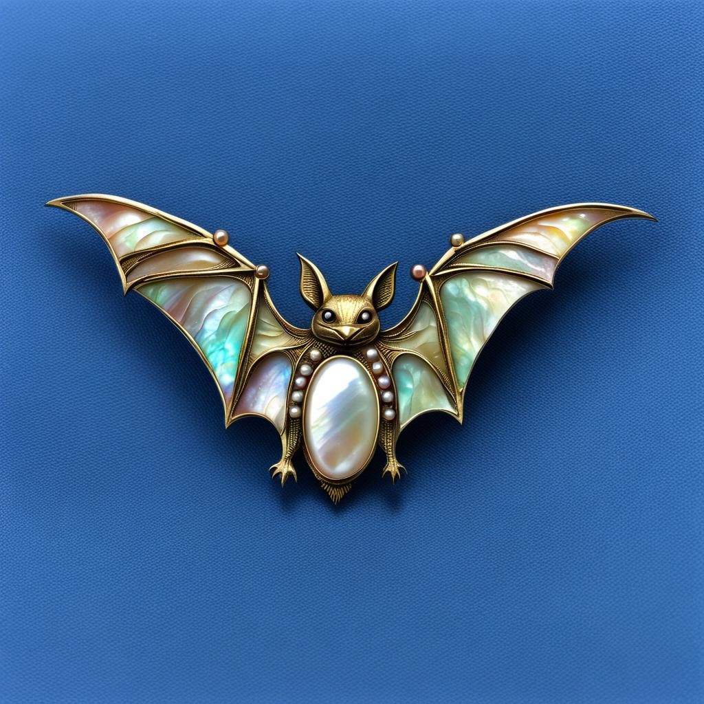 Mother of Pearl Bat Brooch with Pearl Accents