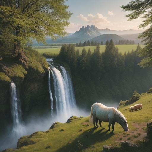 Tatra Waterfall with Horses and Sheep
