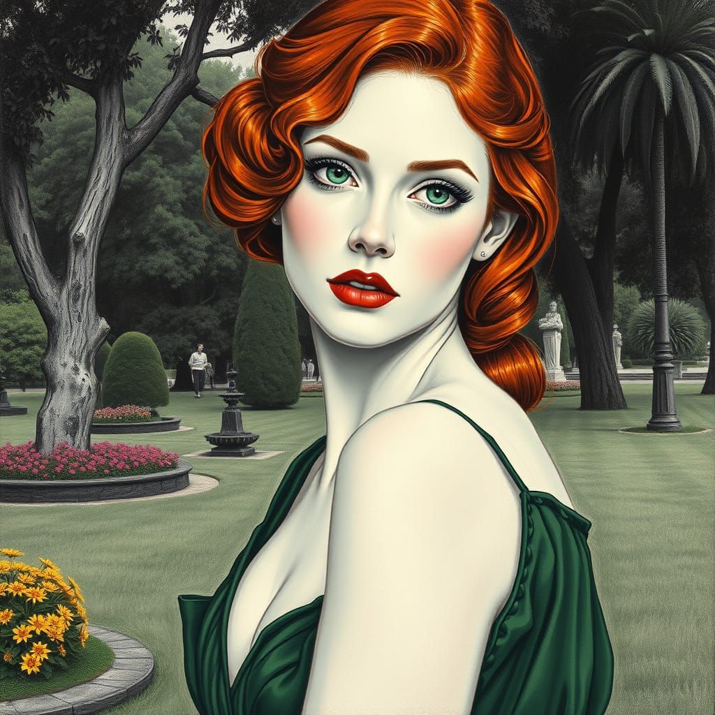Elegant Woman in Park, Art Nouveau Style