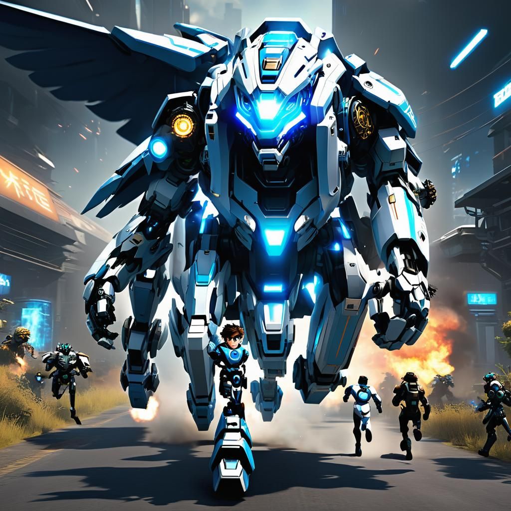 Futuristic Anime Boy Escapes on Robot Lion