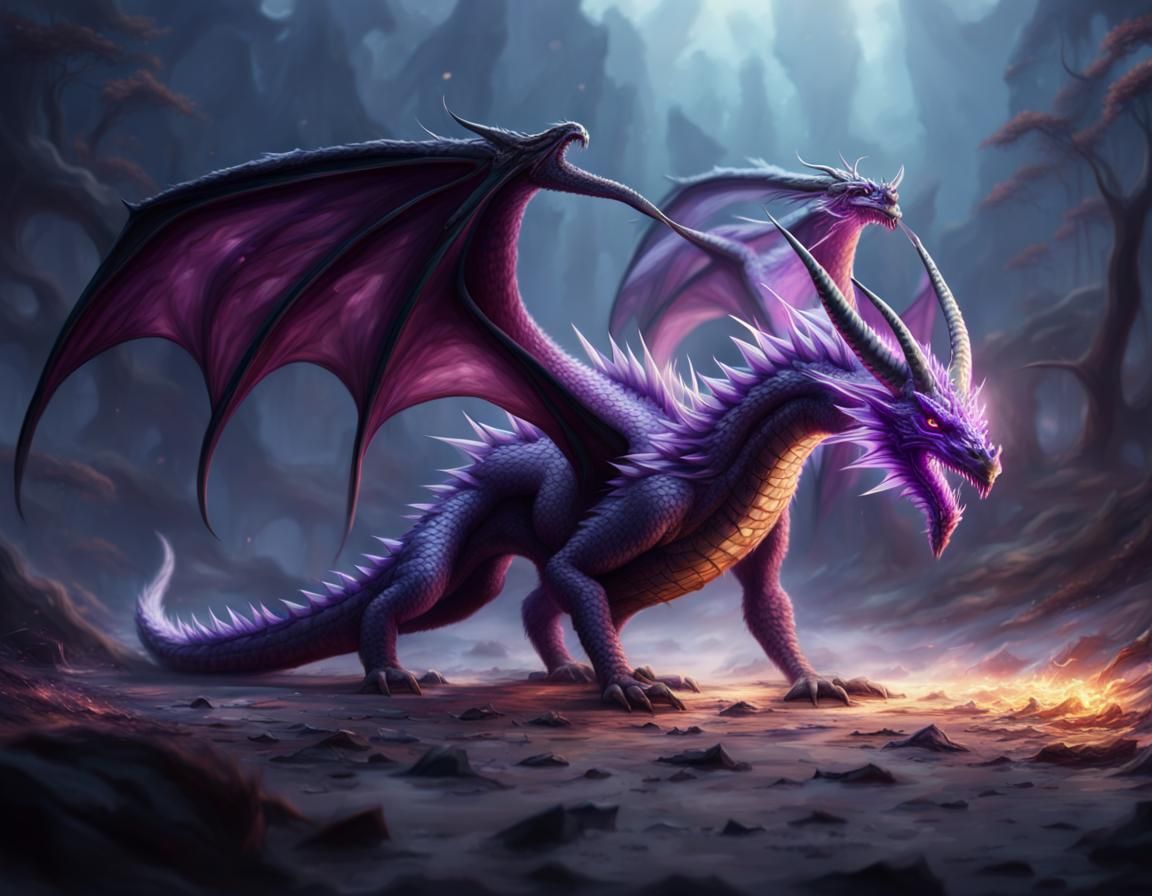 Furry Purple Dragon with Glowing Wings: Digital Painting