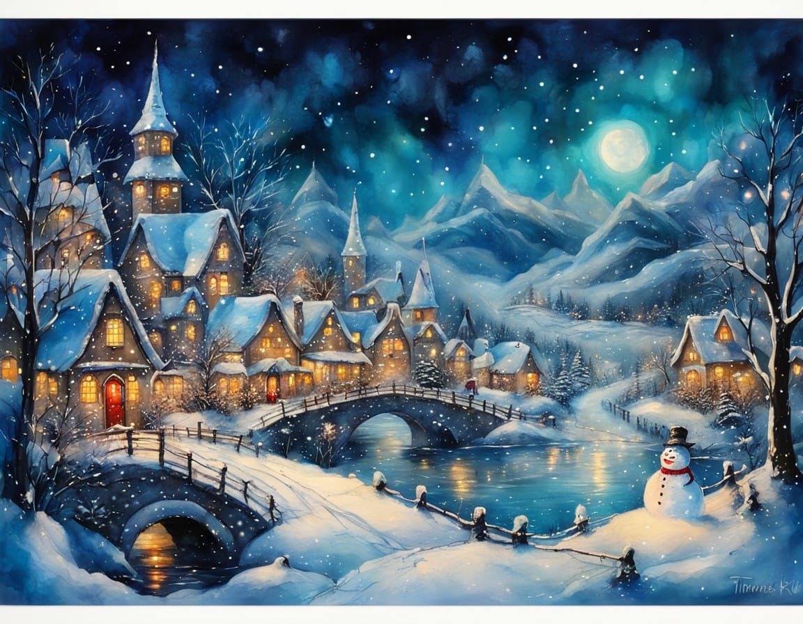 Winter Wonderland Village Illuminated by Ethereal Light