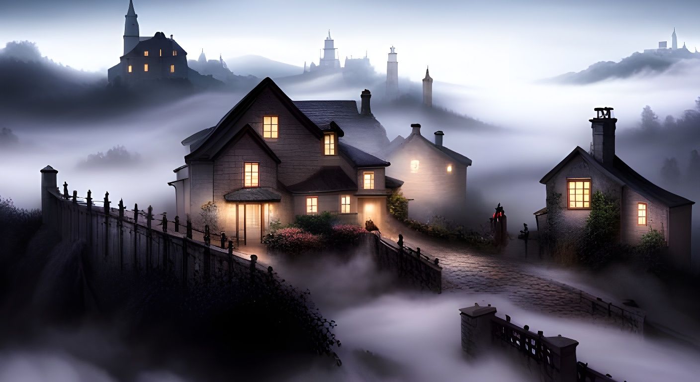 Foggy Fairytale Village Landscape in Romantic Style