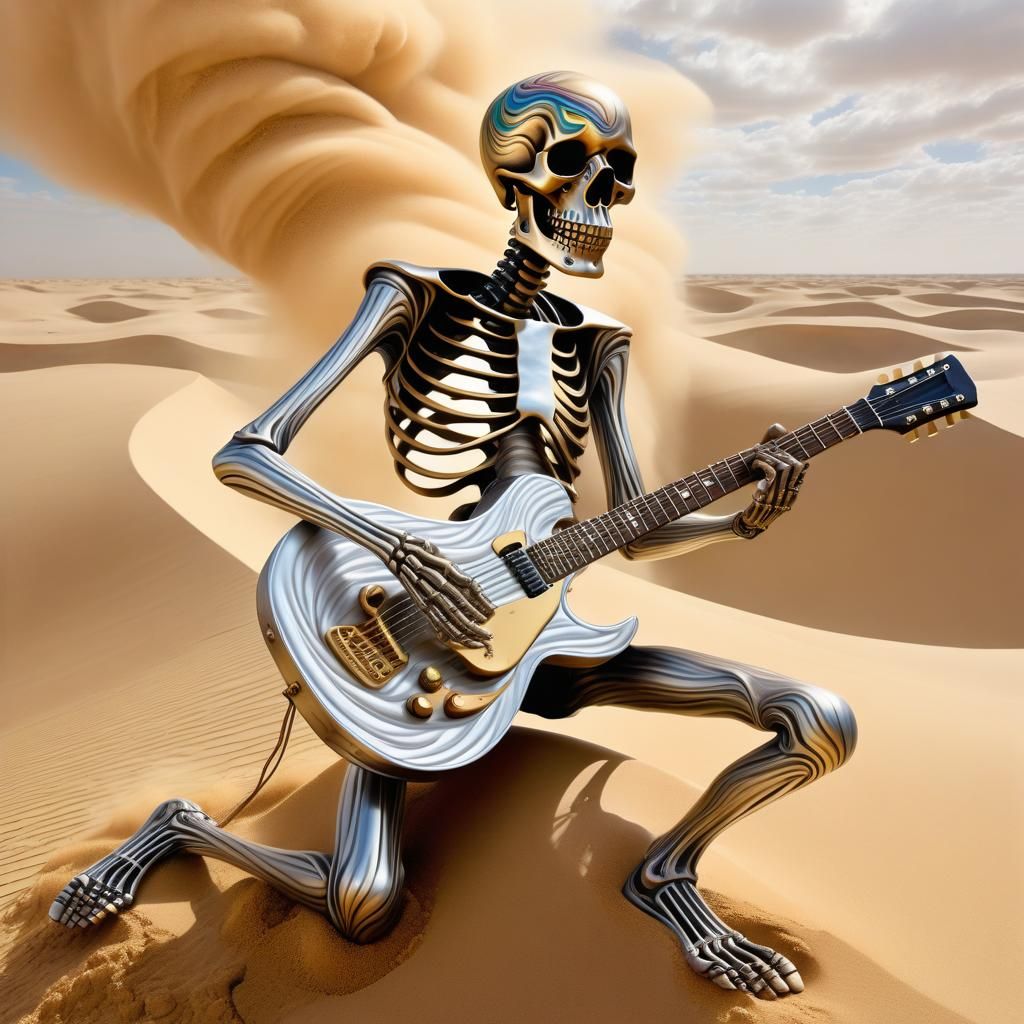 Aluminum Skeleton Guitarist in Desert Sandstorm