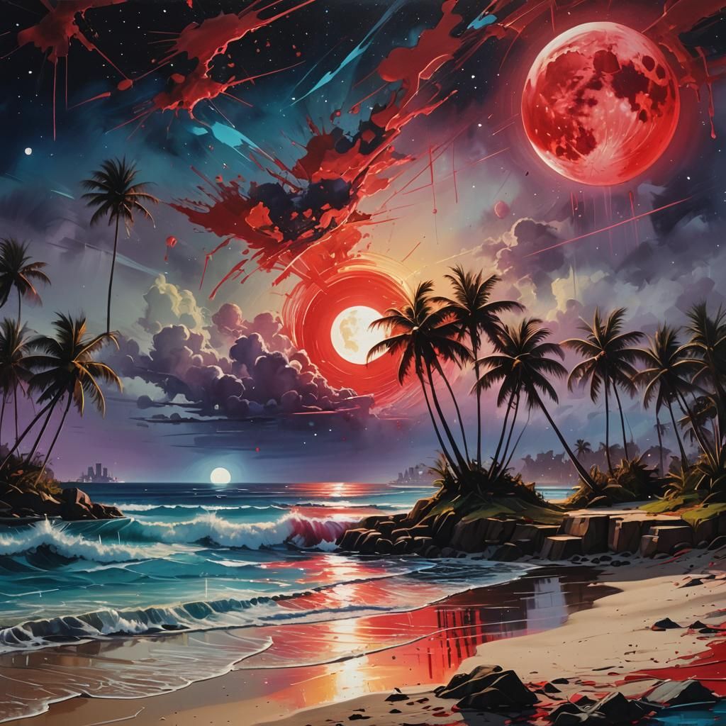 Polychromatic Red Moon Over Ocean Graffiti Art