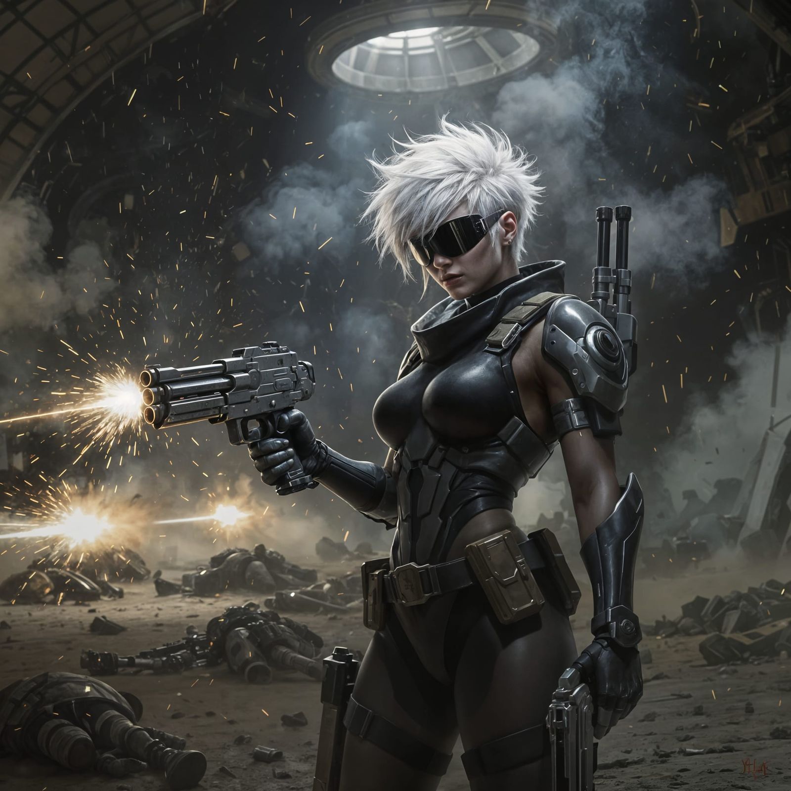Futuristic Female Warrior in Deserted Hangar
