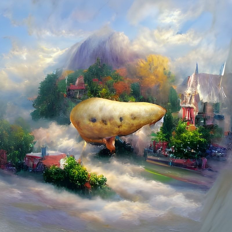 Ethereal Potato Blimp Fantasy in Kinkade Style