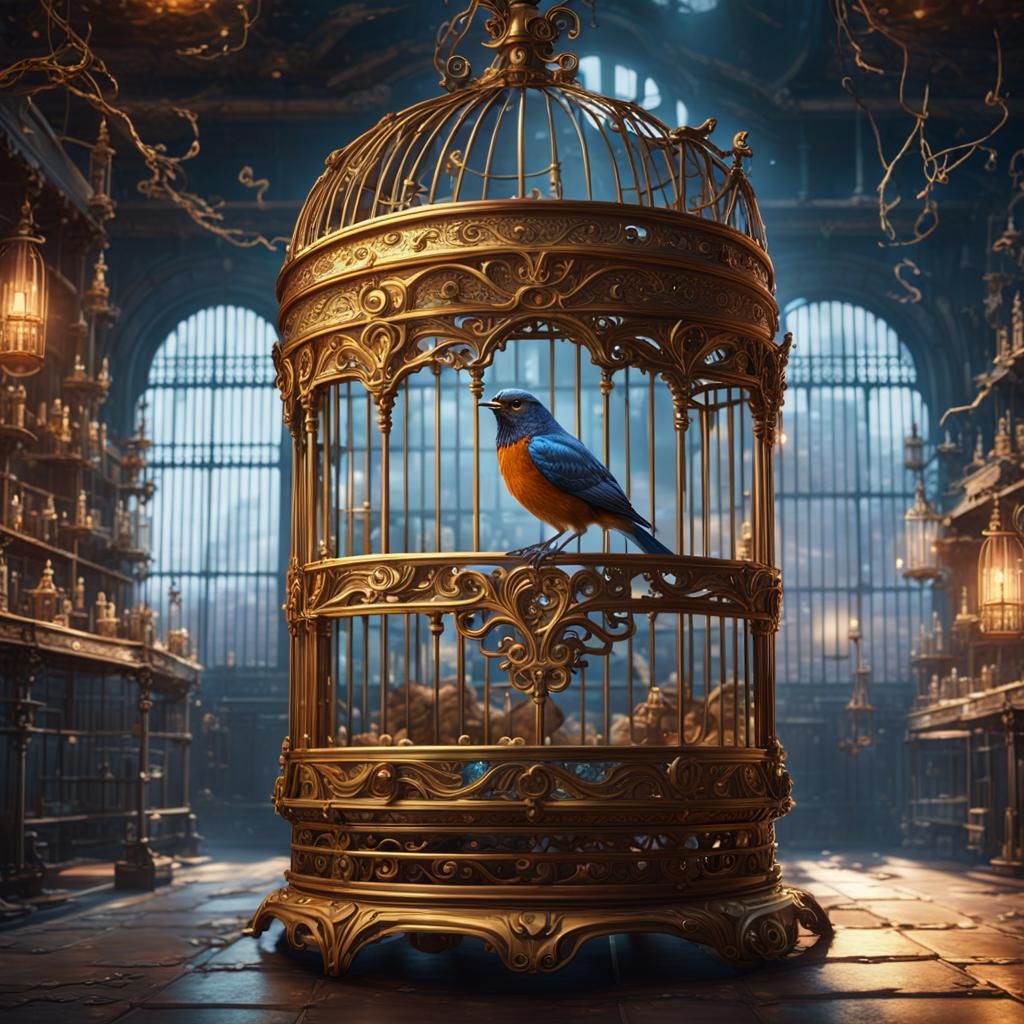 Cyborg Songbird in Golden Cage: Detailed Matte Painting