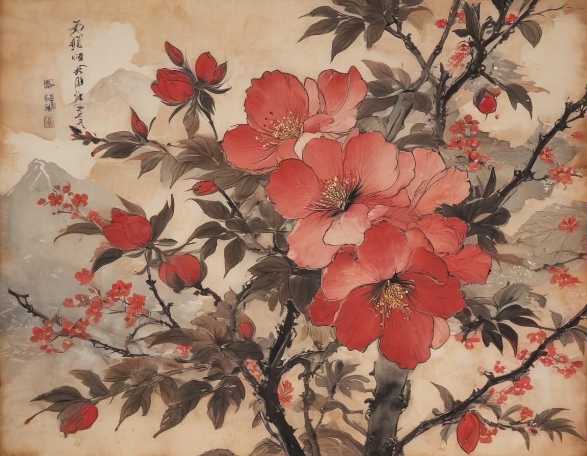 China-Rose on Fuji-San in Ukiyo-e Style