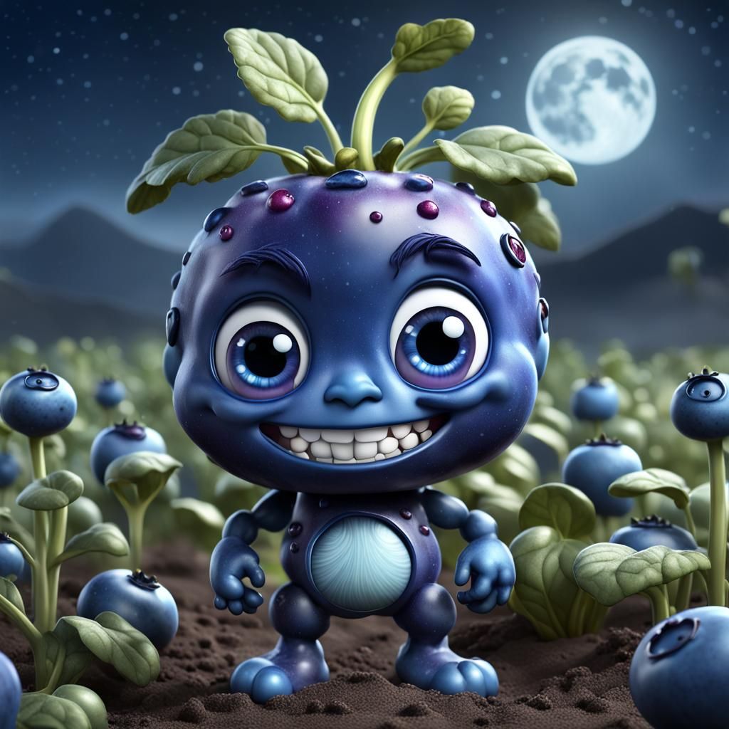 A vibrant 3D HD chibi blueberry  with a comical face