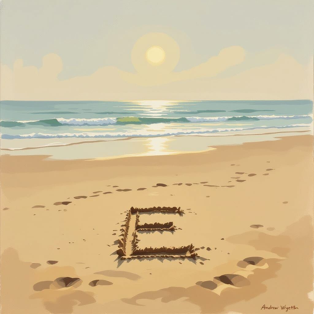 Empty Beach with Letter E, Soft Light and Textures